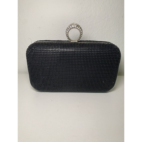 Vintage Black Beaded Flapper Clutch Rhinestone Ring Opener Accent Chain Strap - Picture 1 of 16